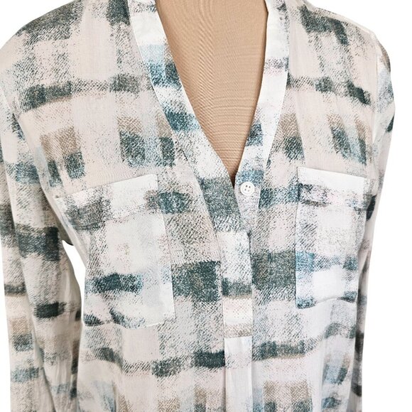 RW&Co. White Green Checkered Long Sleeve Button Up Blouse Sz XS - Picture 2 of 9